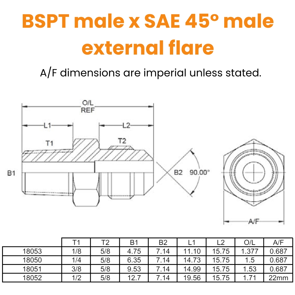 1/4 BSPT x 5/8 SAE 45° Ext Flare M/M Hydraulic Adaptor